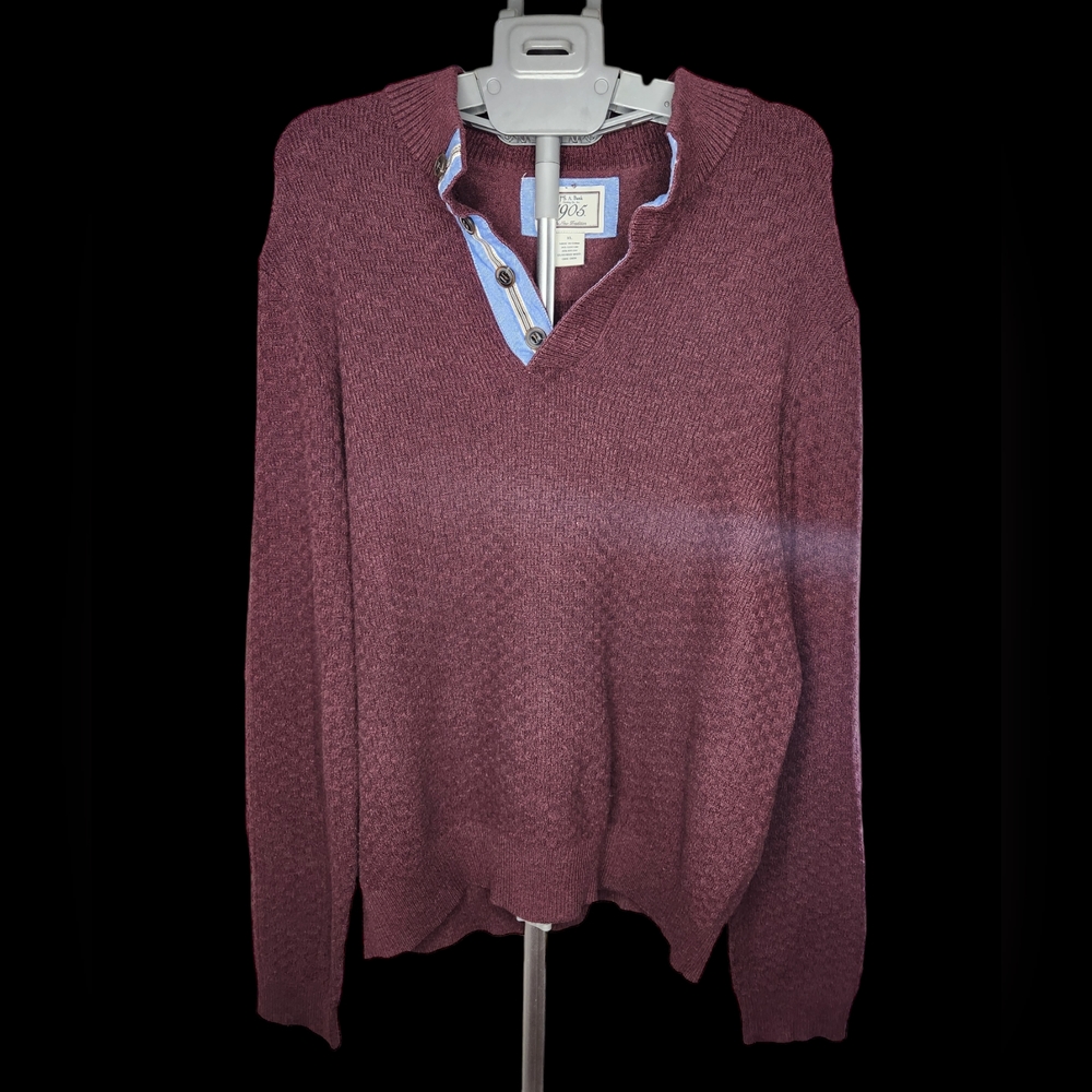 Jos A Bank Mens Sweater Pullover 1/4 Button Burgundy Mock Neck Cotton Blend XL